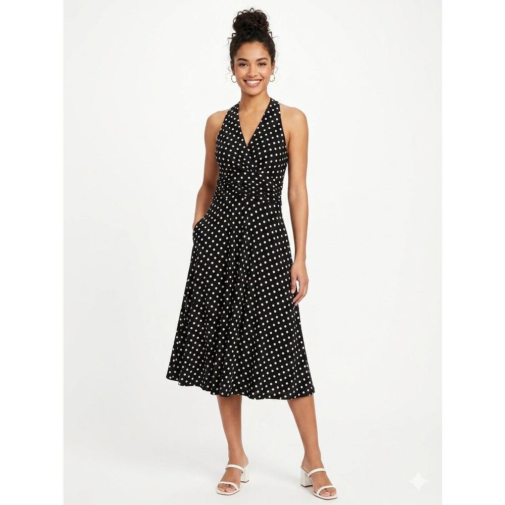 Chaps Polka Dot Halter Midi Dress Ruched Twist Waist Black White Small